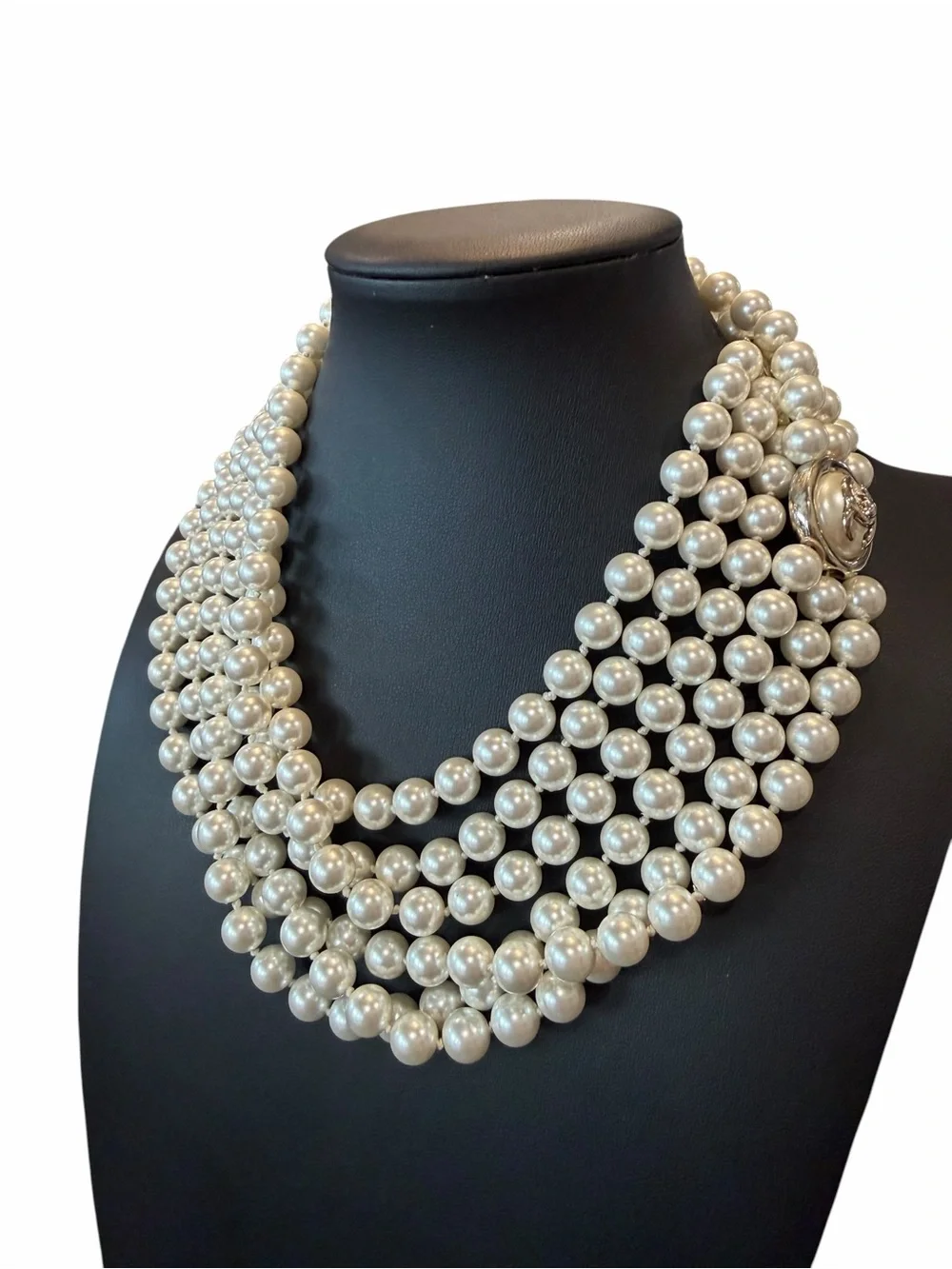 CHANEL Ivory Triple-Strand Faux Pearl Necklace with Signature Medallion